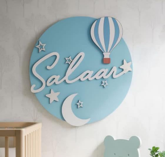 3D Nursery Namezter with Air-Balloon, Moon & Stars